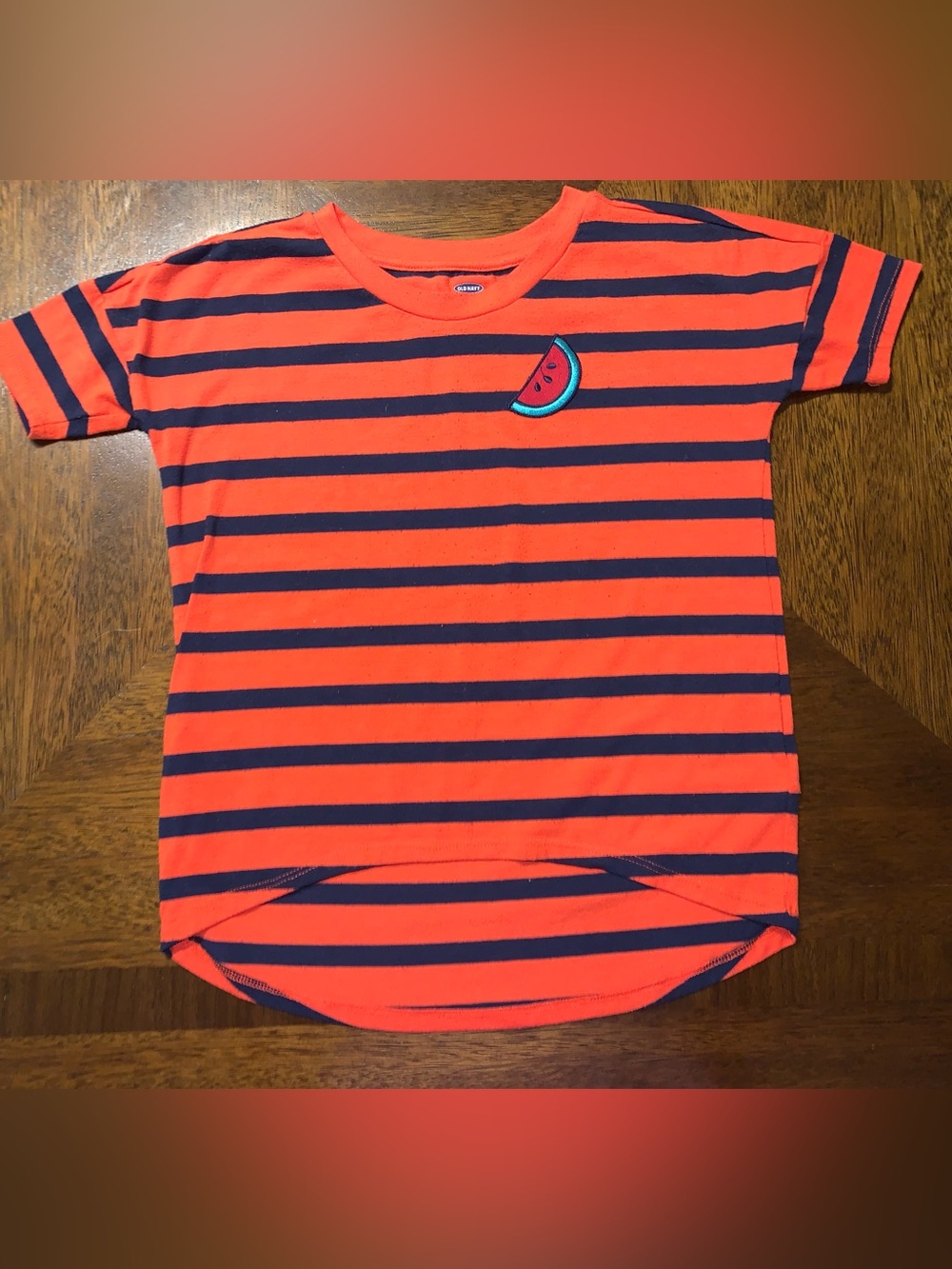 Old Navy Red Tee with Watermelon and Navy Stripe Detail